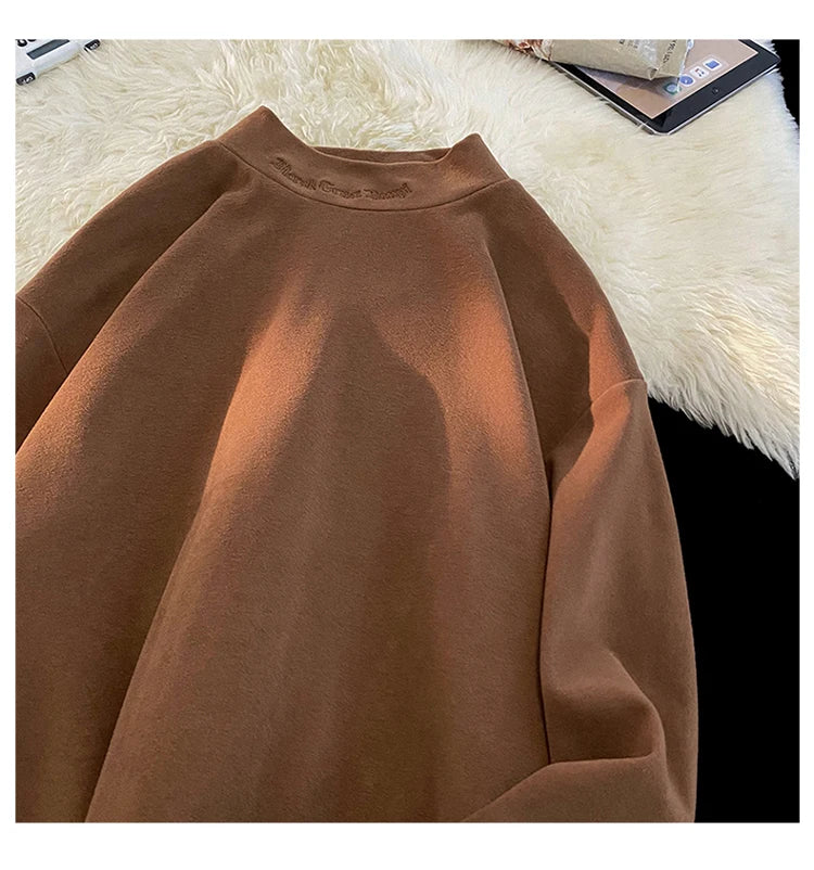 Autumn Winter Warm Classic Long Sleeve Bottoming Shirt Gothic Style Embroidery Half-high Neck Tops Loose T-shirt