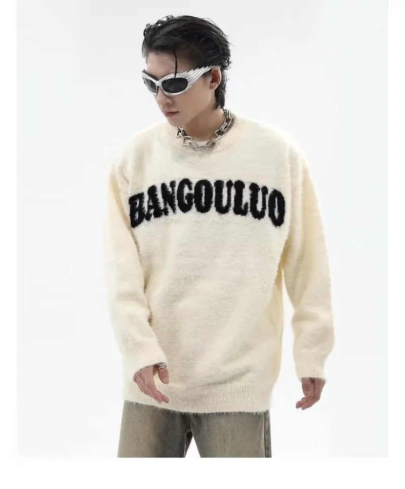 varsity flame knitwear, statement sweater, cozy knitwear for men, oversized grunge aesthetic winter top