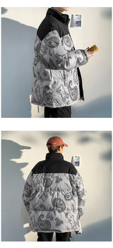 Men Japanese Streetwear Puffer Jackets 2023 Winter Mens Full Print Fashions Bubble Coat Couple Patchwork Thick Parkas