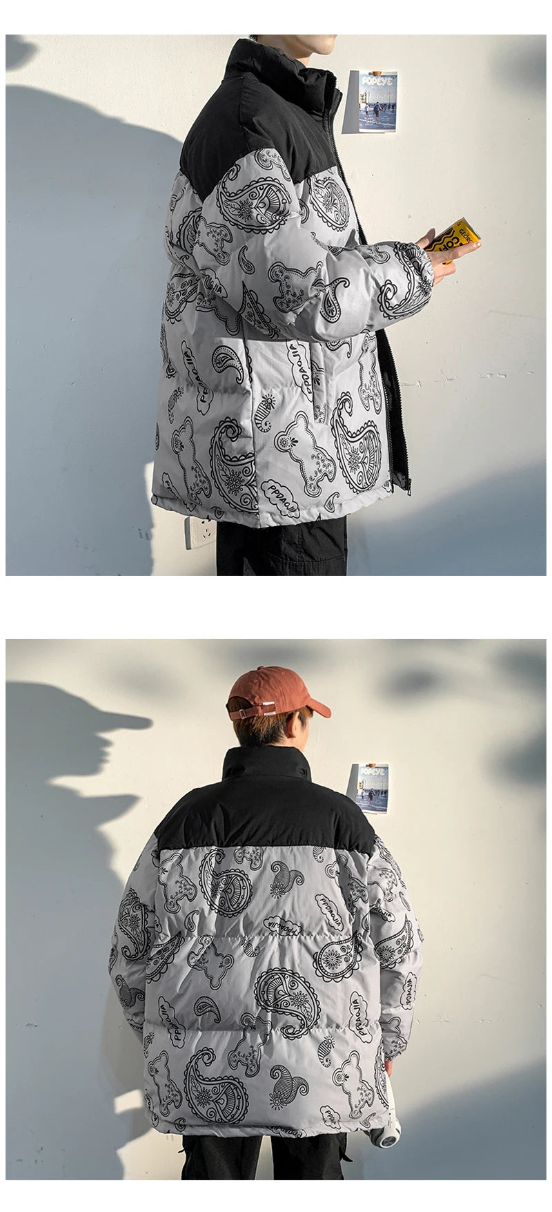 Men Japanese Streetwear Puffer Jackets 2023 Winter Mens Full Print Fashions Bubble Coat Couple Patchwork Thick Parkas