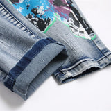 fashion skull graffiti jeans lightning printed denim pants mens distressed biker jeans streetwear slim hip hop pants joggers unique joggers style 338