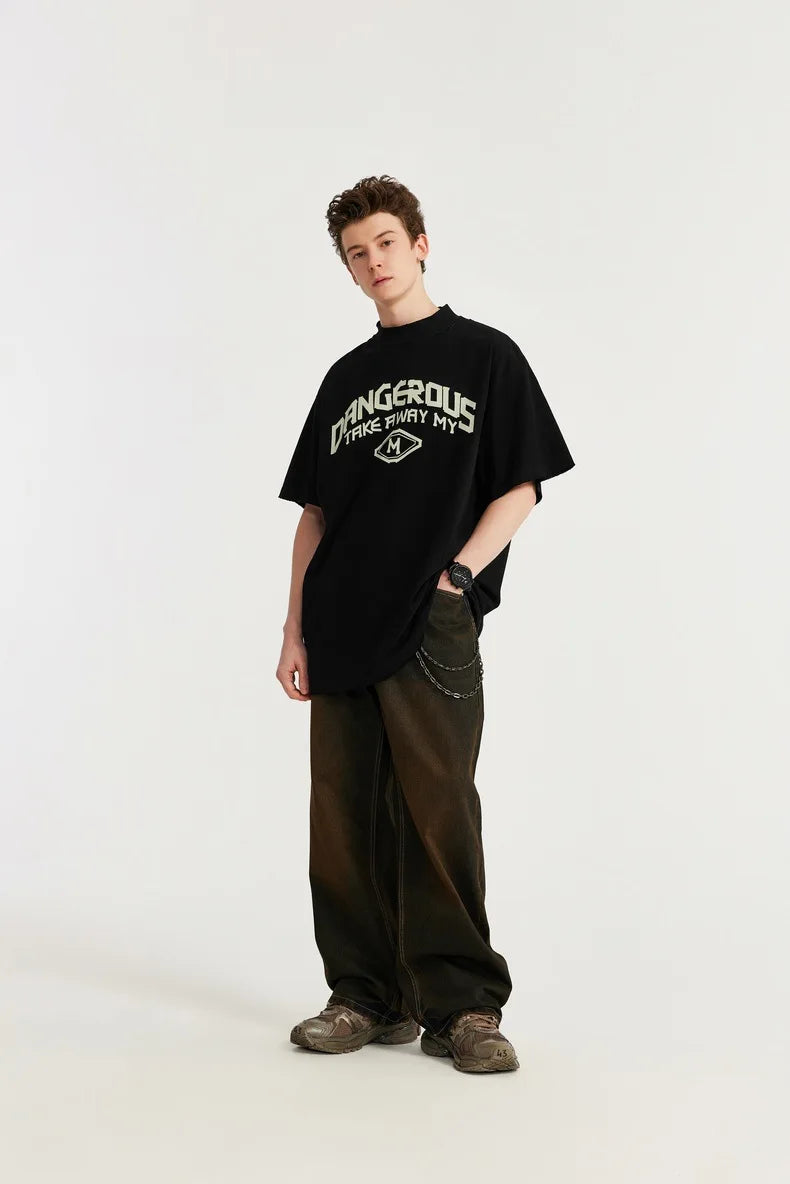 Harajuku Aesthetic piece – Japanese Loose Turtleneck Mens Printed Short Sleeved T Shirt