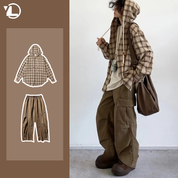 autumn vintage plaid shirt set mens japanese color blocked hooded jacket breathable straight leg cargo pants suits college 2 pcs baggy cargo bottoms