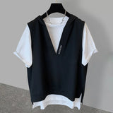 Harajuku Chrome print – Summer Fake Two Piece Hooded T Shirts For Men Letter Embroid