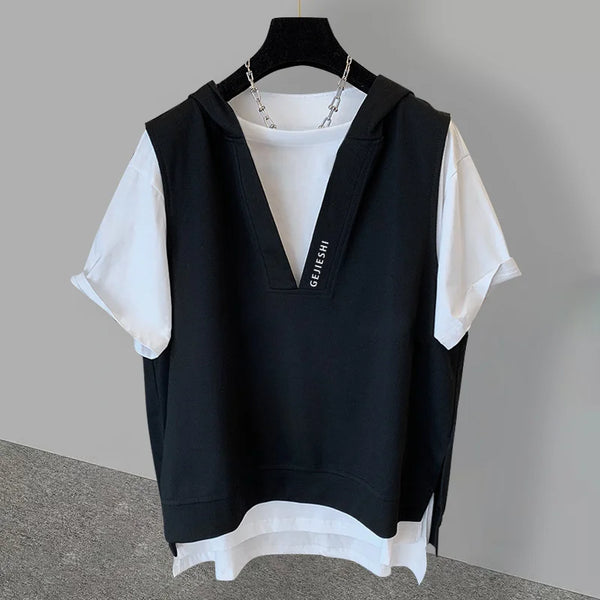 Harajuku Chrome print – Summer Fake Two Piece Hooded T Shirts For Men Letter Embroid