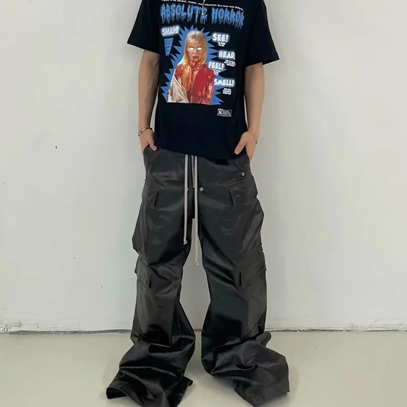 ro style glossy black pu leather pants for men high street y2k pantalones hombre baggy overall wide leg drawstring cargos unique cargo style 5636
