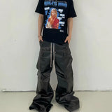 ro style glossy black pu leather pants for men high street y2k pantalones hombre baggy overall wide leg drawstring cargos unique cargo style 5636