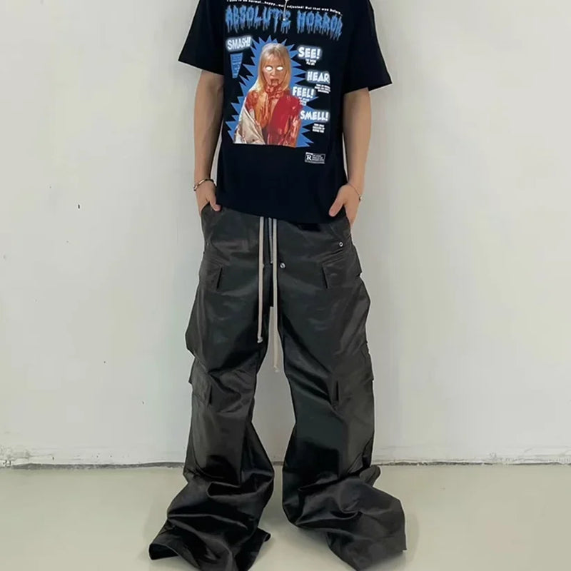 ro style glossy black pu leather pants for men high street y2k pantalones hombre baggy overall wide leg drawstring cargos unique cargo style 5636