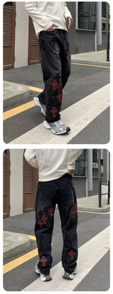 men embroidery streetwear brand fashion hip hop loose casual straight motorcycle denim jeans pant cityboy y2k jeans trousers unique jeans style 2481