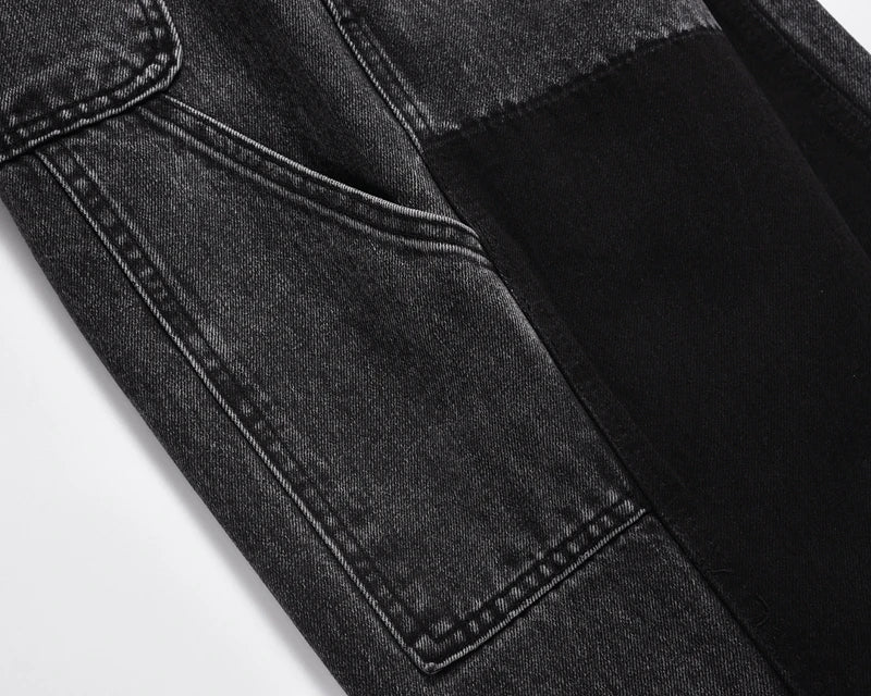 patchwork graffiti black straight denim pants mens vintage patches stitching ink splashed jeans y2k logging cargo pants for male unique cargo style 1487