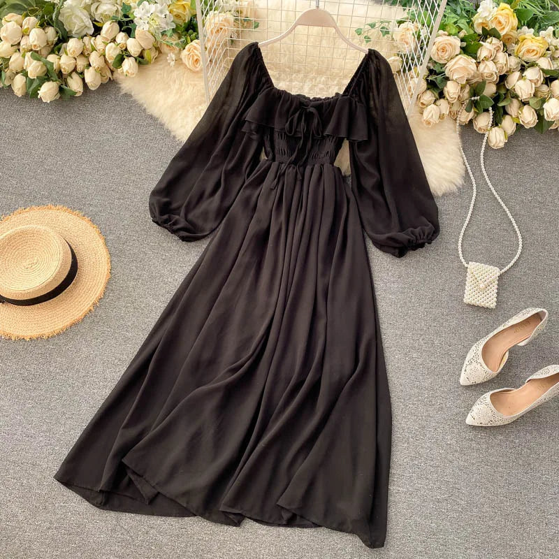 Chic Elegant Square Collar Maxi Dress Women Solid Chiffon Puff Sleeve Dresses 2023 Korean Fashion Vintage Ruffle Vestidos