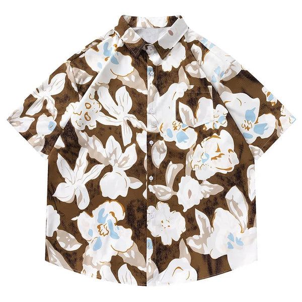 Korean Fashion Button Shirt – Men Hawaiian Beach Short Sleeve Shirts Retro Floral Print Casual Summer Button Up Blouses Hong Kong Style Ins Shirt Streetwear | Button Shirt Drop #467