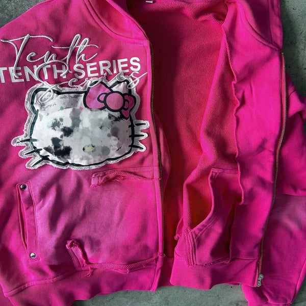 Hip Hop Gothic Pink Oversized Hoodie Sweatshirt Streetwear Zip Hoodie