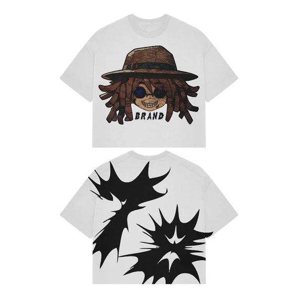 y2k flame distortion tee with comic blur and manga intensity