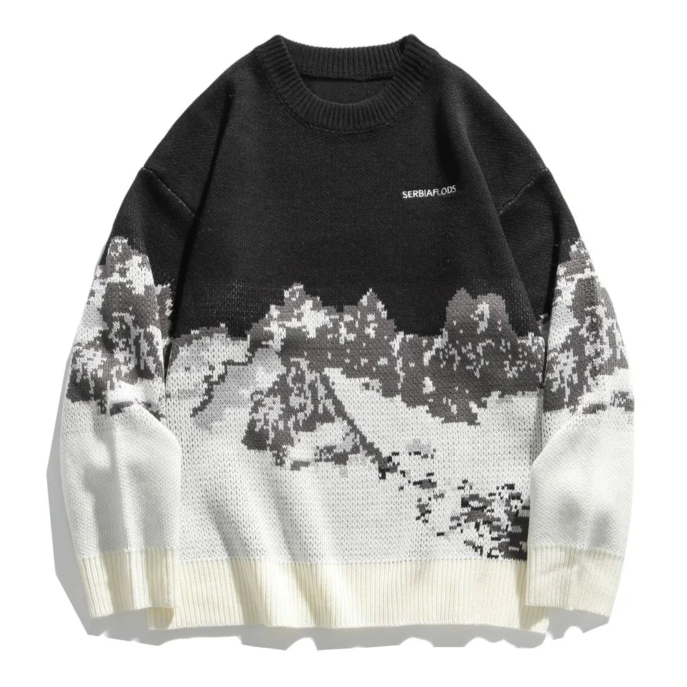 varsity flame pullover for men with bold graphic knit design, perfect for 2025 fashion, street fashion menswear trend for sea