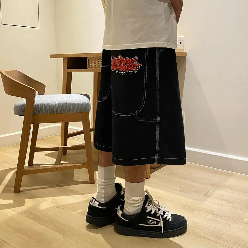 Harajuku Y2k Wexwear Embroidery Skateboarding Jeans Denim Men Letter Graphic Streetwear Shorts 2024 Baggy Gym Basketball Shorts