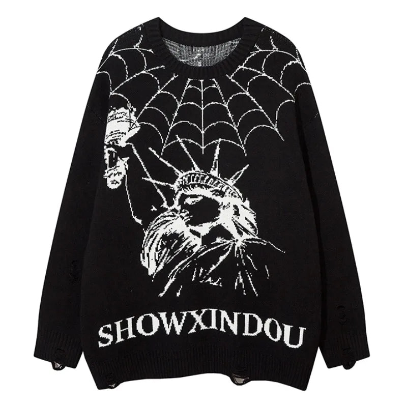 hip hop knitted sweater mens winter o neck harajuku pattern pullover streetwear casual loose pullover sweaters jumper knitwear Y2K vintage urban hoodie, high quality cotton pullover, urban wear with bold artwork