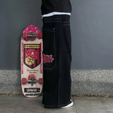 y2k jeans men women high waist wide wexwear graphic embroidered baggy jeans streetweartrouser harajuku black skateboard pants unique jeans style 2439