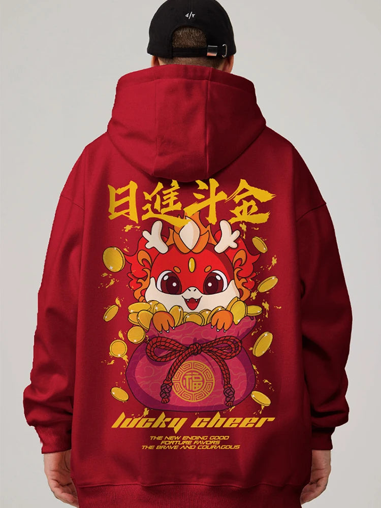 Lucky Cheer Dragon Printed Hoody Man Y2K Streetwear Clothes Fleece Hip