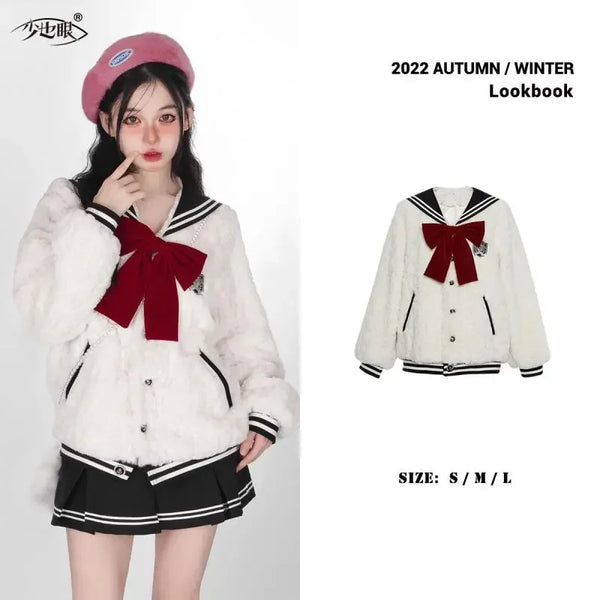 Harajuku Sweet Thicknecked Bow College Coat Woman Zip Up Hoodie Sailor