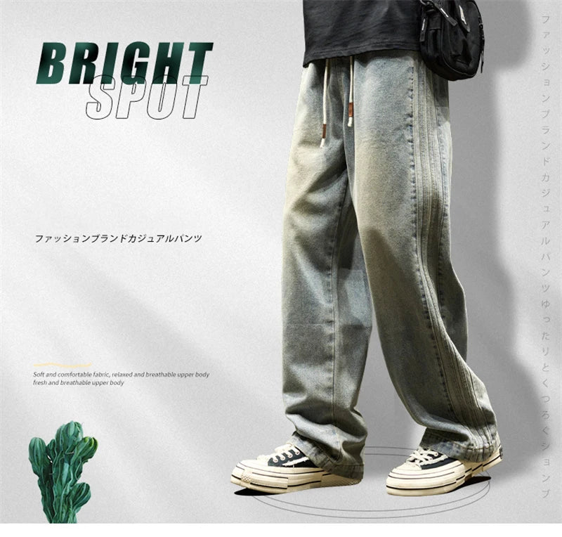elastic waist baggy jeans for men side striped wide leg denim pants korean fashion casual trousers y2k vintage jean hombre unique jeans style 3242