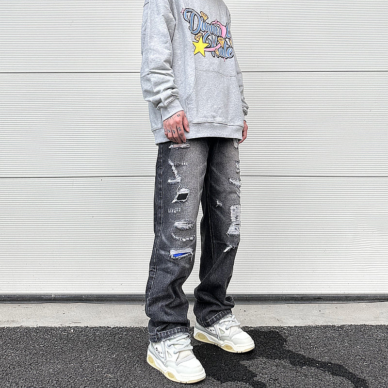 high street black washed straight jeans lowrise hip hop ripped jeans pants for men baggy vintage fashion wide denim pants women unique jeans style 5358