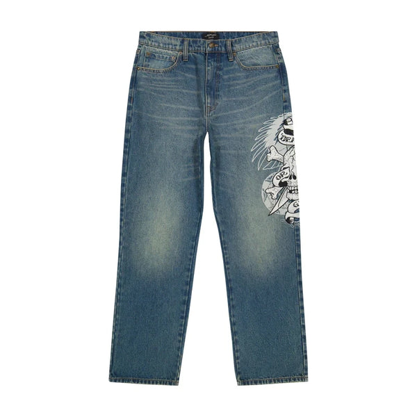 hip hop punk skull print baggy blue jeans for women y2k street wear casual straight wide leg pants hot selling denim trousers vintage washed jeans