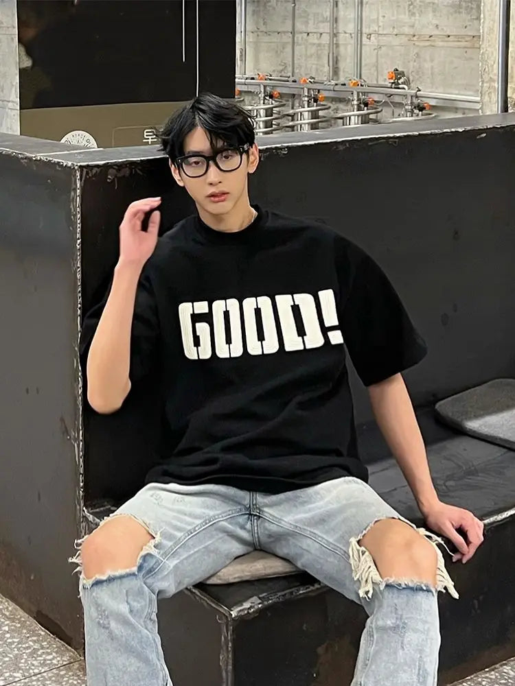 Y2k Trendy hip-hop men and women street personality GOOD print round neck short sleeved couple loose Harajuku retro casual top