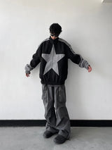 minimalist street zip-up, streetwear for men, fall streetwear outfit, oversized style, layered fashion, modern aesthetic, graphic detail