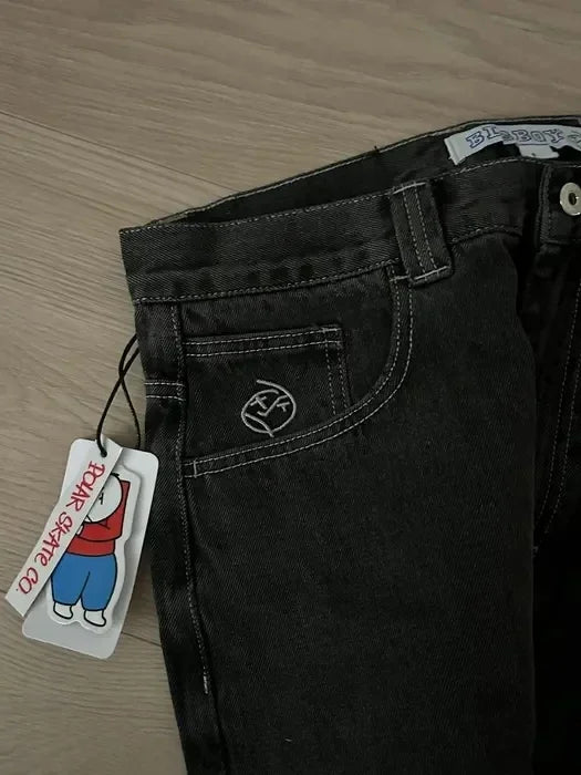 hip hop polar big boy jeans y2k japanese harajuku cartoon embroidery retro baggy jeans black pants womens mens wide leg trouser stacked flare jeans