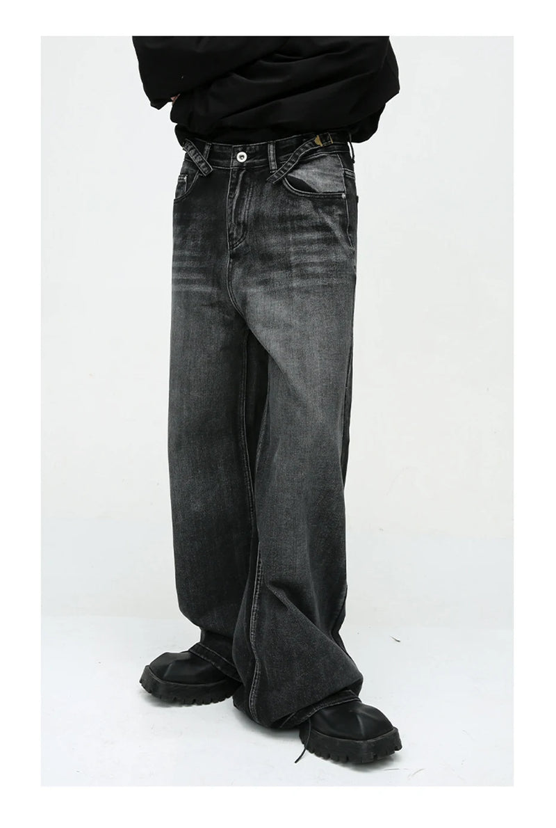 mens black baggy jeans male casual loose straight jeans trousers vintage hip hop denim pants unique jeans style 179