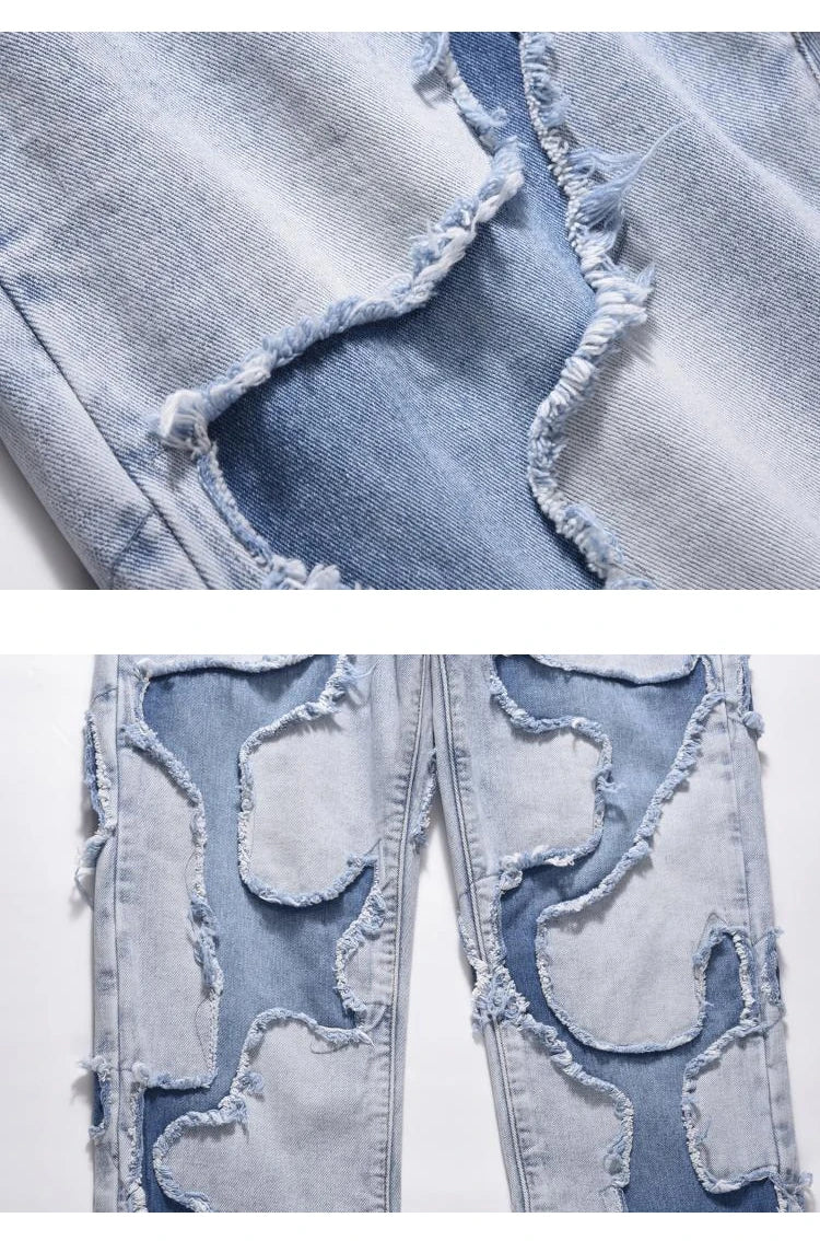 ripped irregular patchwork design denim jeans men casual zipper biker trousers jeans fashion streetwear hip hop pants joggers unique joggers style 3637