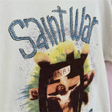 24SS New Vintage Retro Cross Printing Washed Distressed Short Sleeves T-Shirt Tops