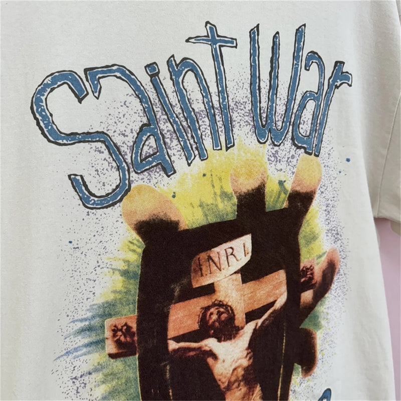 24SS New Vintage Retro Cross Printing Washed Distressed Short Sleeves T-Shirt Tops