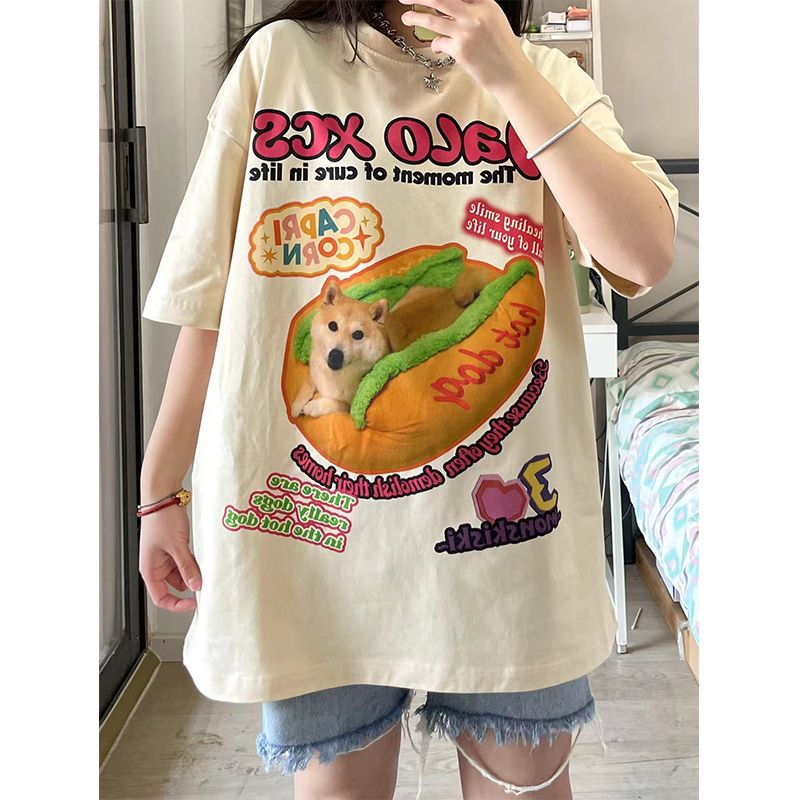 Y2K Graphic Tee – New Apricot American Vintage Creative Animal Hot Dog Cartoon – Modern Streetwear for Everyone
