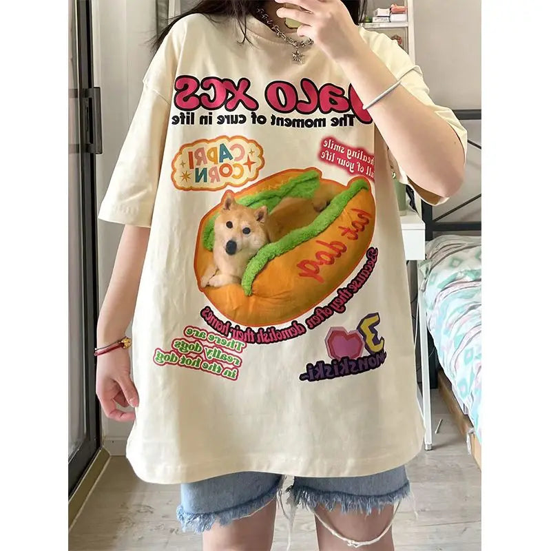 Y2K Graphic Tee – New Apricot American Vintage Creative Animal Hot Dog Cartoon – Modern Streetwear for Everyone