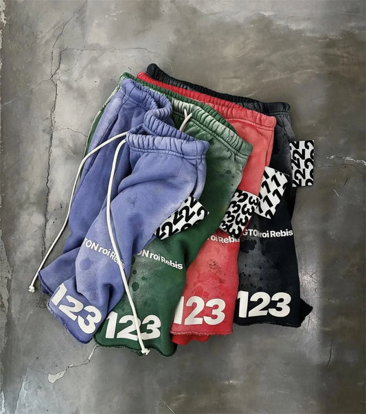 24ss Y2K Vintage RRR123 FITNESS GYM Summer Heavy Worn-Out Drawstring Capris Casual Sports Loose Rolled Edge Shorts For Men