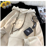 Embossed Letters Casual Hooded Sweatshirt Basic Colours Drawstring Cla