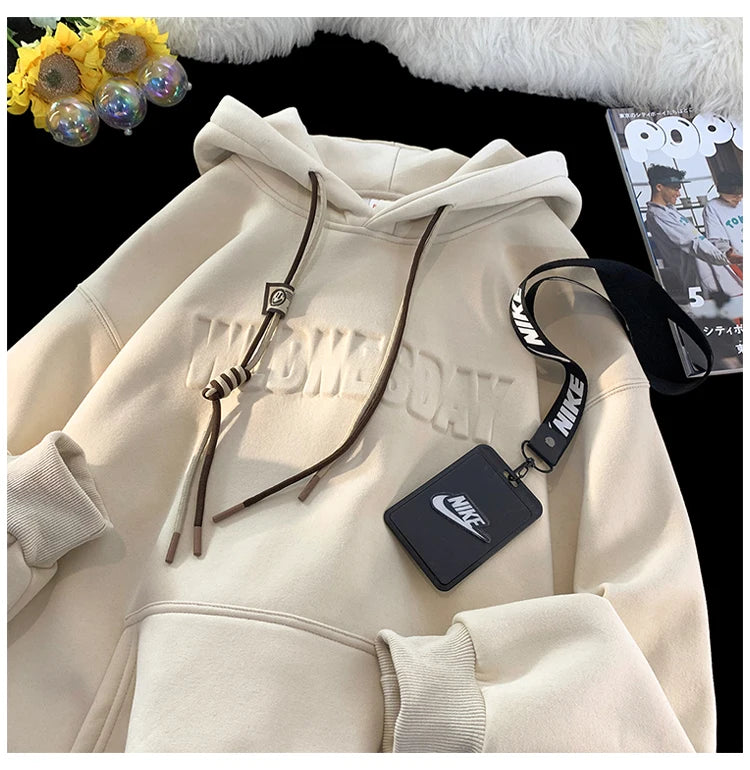 Embossed Letters Casual Hooded Sweatshirt Basic Colours Drawstring Cla