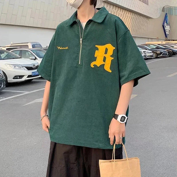 Glitchcore Barcode glitch – Korean Fashion Embroidery Polo T Shirt High Street Short Sle