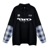 street japanese mens set embroidered fake two piece patchwork tops hip hop washed jeans 2 piece harajuku suits y2k streetwear unique jeans style 4766