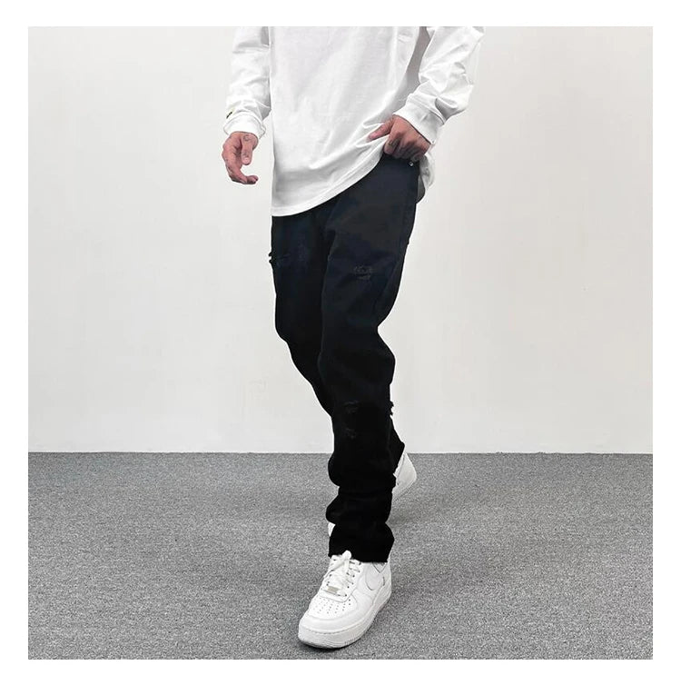 original tie dyed ripped flared denim jean for men streetwear washed hole casual stacked jeans pants mens slim fit jeans 2023 unique jeans style 3734