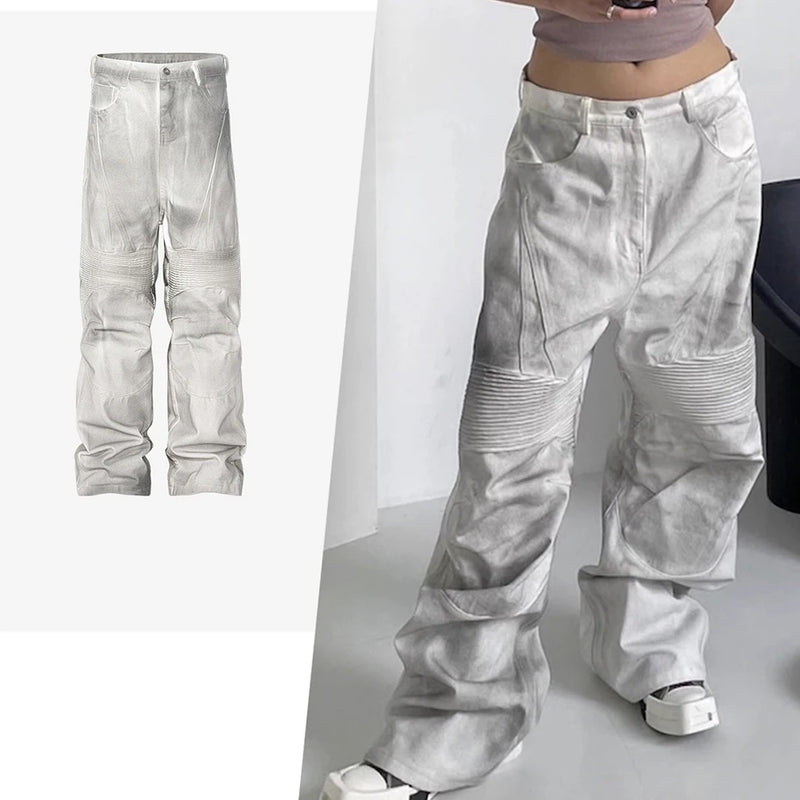 hi street dirty tie dye baggy jeans men pleated loose white straight jeans trousers luxury designer oversized denim pants urban skinny jeans