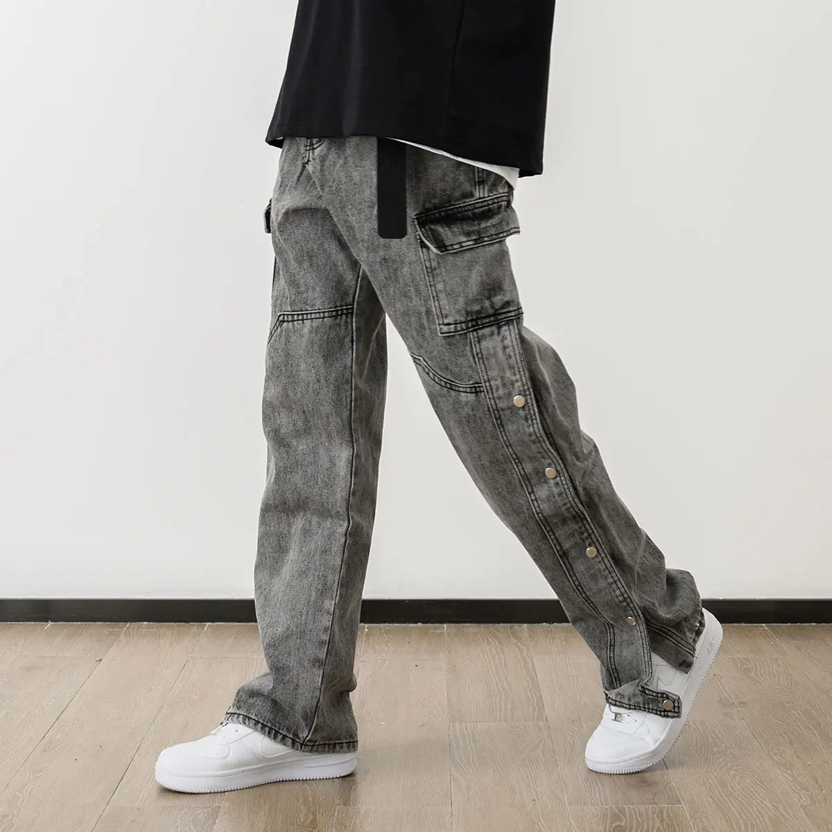 men fashion denim jeans casual bottom button open straight jeans with pockets hip hop streetwear zipper cargo joggers jean pants unique joggers style 2510