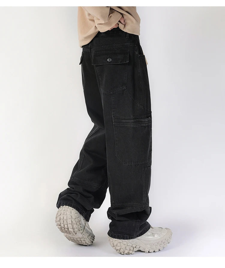 men american streetwear fashion loose casual hip hop wide leg black denim baggy jeans pants man y2k cargo jeans trousers unique cargo style 2347
