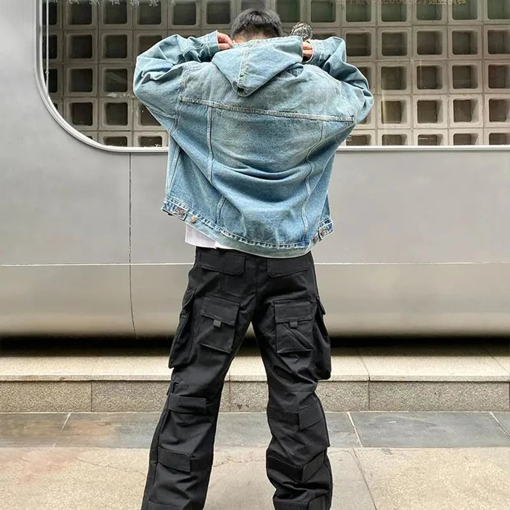 Mens Autumn Winter Fashion Denim Washed Distressed Retro Hoodie Gender