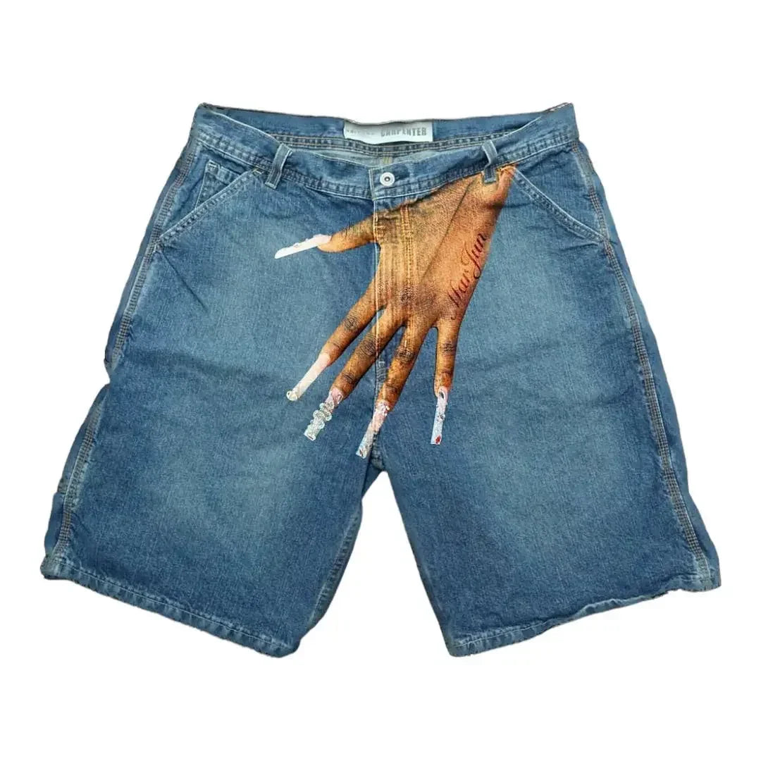 retro blue baggy denim gym shorts new gothic sweatpants basketball shorts harajuku hip hop y2k shorts pants mens graphic print sporty tapered joggers