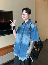 fashion high street mens set 2024 multi pocket short sleeved denim shirt casual straight leg pants 2 pcs set summer suit unisex unique jeans style 4495