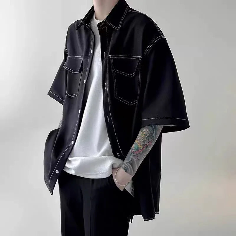 Short Sleeved Shirt Men Fashion Retro Streetwear Korean Loose Casual Vintage Shirt