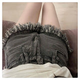Raw Edge Fringe Gothic Style Denim Shorts Female Summer American Street High Waist Design Sense Casual A Word Super Short